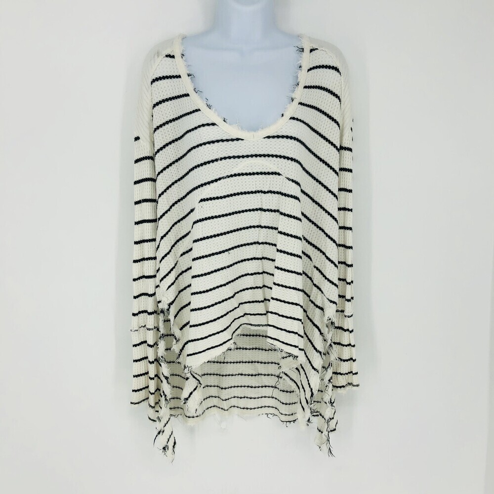 We The Free Raw Hem Black & White Stripe Waffle Knit Tunic Long Sleeve Sz. Small